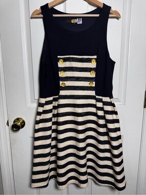 Anthropologie Eva Franco Nautical Stripe Fit & Flare Dress Gold Buttons Size 12